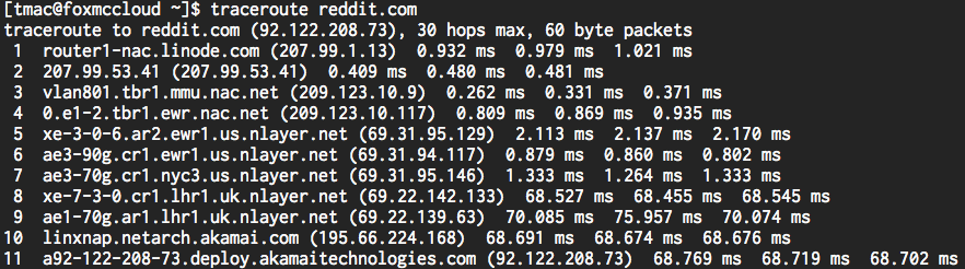 Traceroute to reddit.com